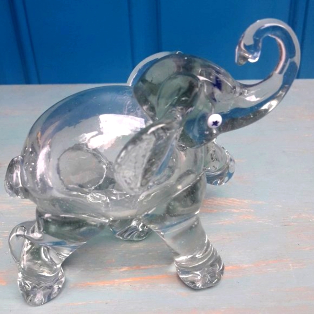Glass Elephant Animal Figurine Hand Blown Bubble Glass Clear Handmade Glass Art